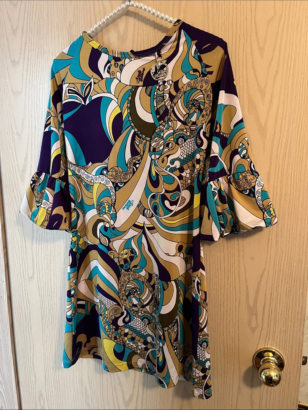 Apple Bottoms Teal Purple Gold Abstract Ruffle-Sleeve Dress